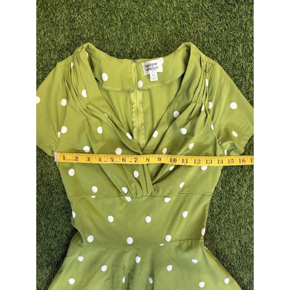 Unique Vintage Dress Womens Small 4 Green Polka Dot Retro Midi - Picture 12 of 16
